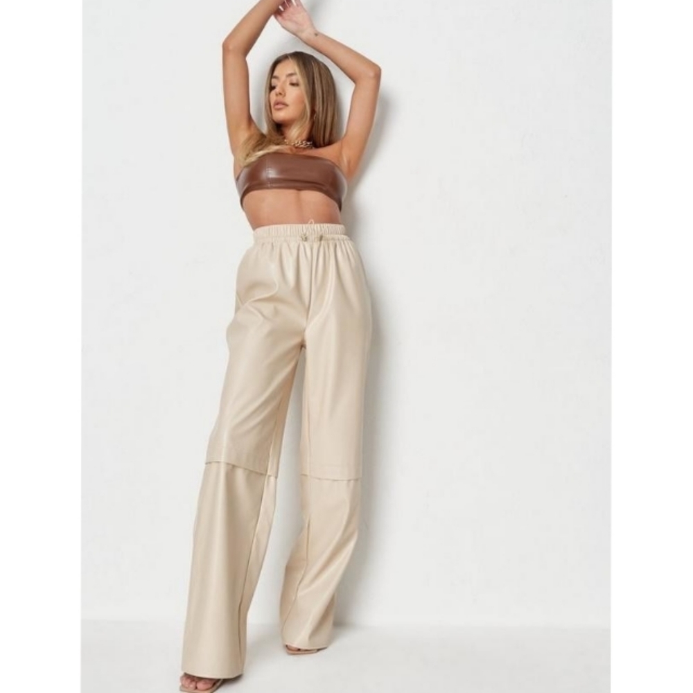 Nwt Missguided Stone Tan Faux Leather Wide Leg Trousers Pants